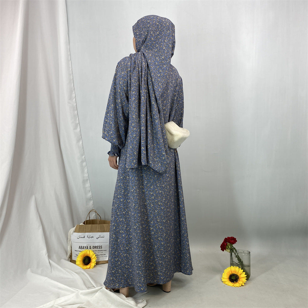 6847#Floral Printed One Piece Tradition Prayer Abaya Robe with Attached Hijab