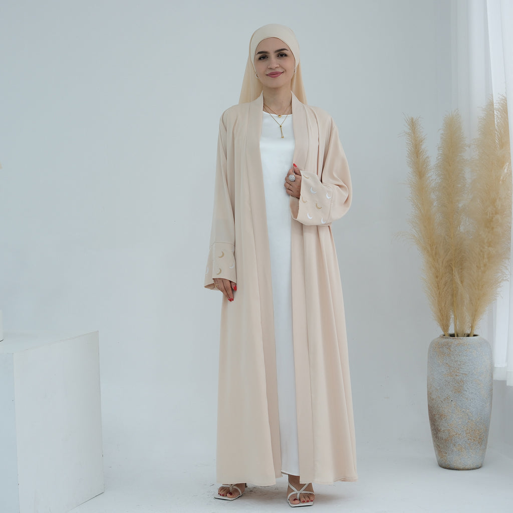 1785#New Arrival Cardigan Muslim Women's Dresses Moon Embroidery EID Linen Abaya