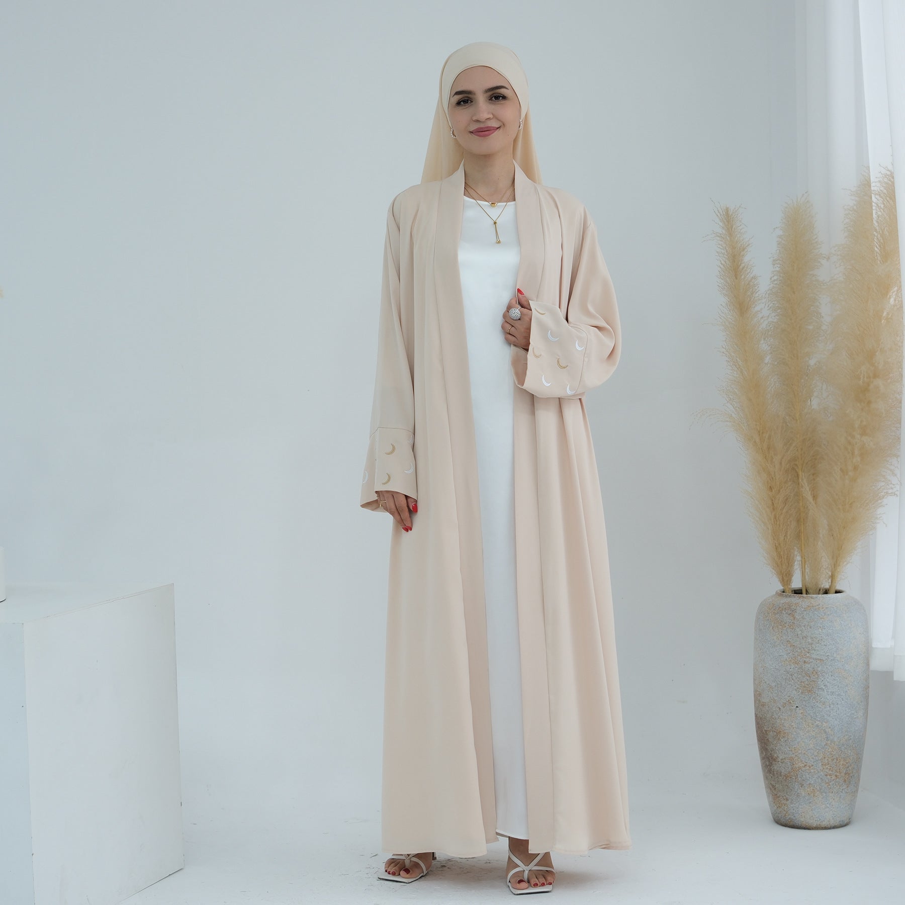 1785#New Arrival Cardigan Muslim Women's Dresses Moon Embroidery EID Linen Abaya