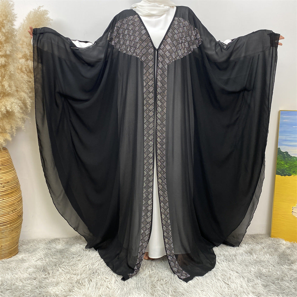 6739# Luxury Rhinestone Chiffon Abaya Hot Drilling Bead With Pearls Classy Cardigan