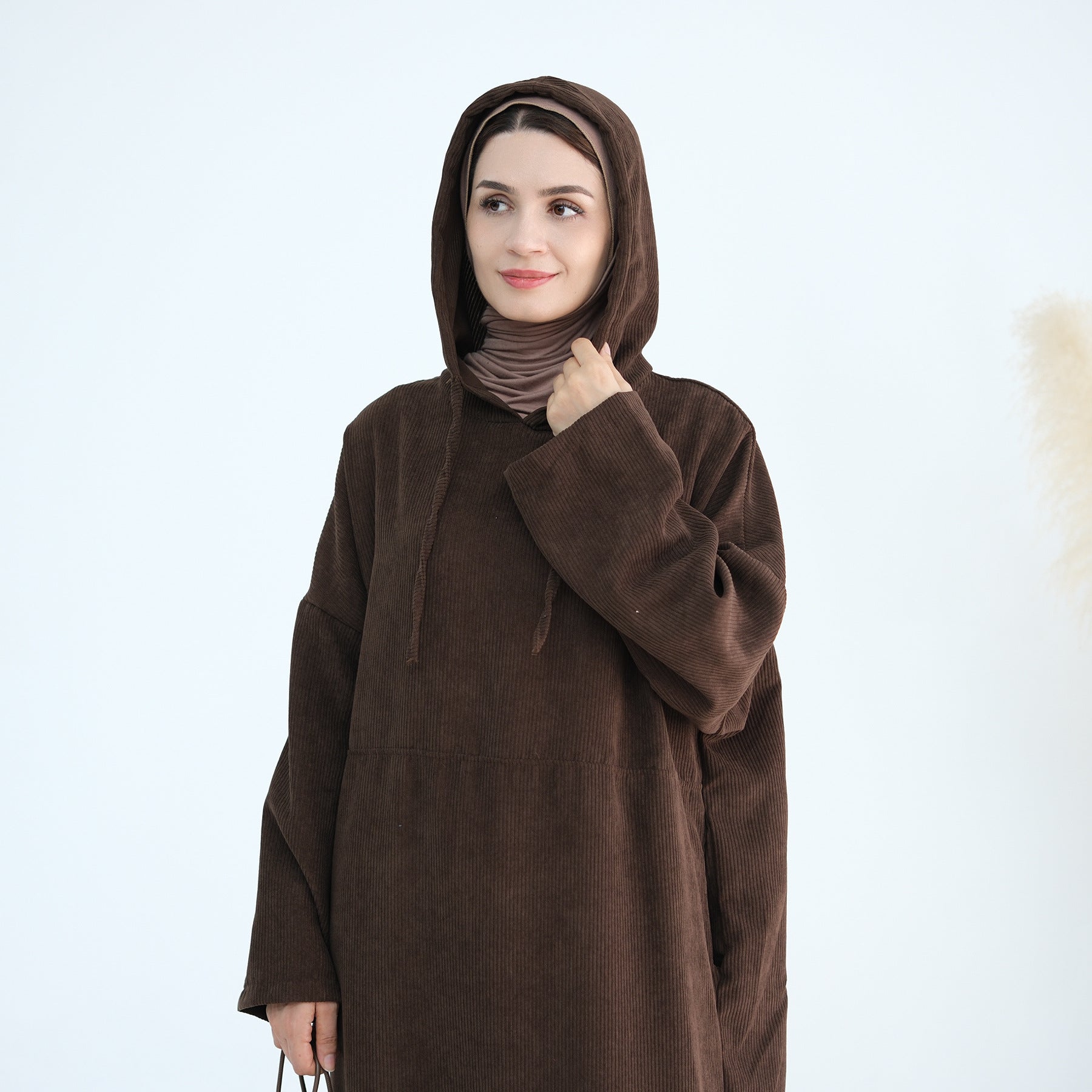 1890#Casual Cordury Hoodie Abaya Loose  Muslim Women Dress with Pockets Daily Wear Winter Abaya