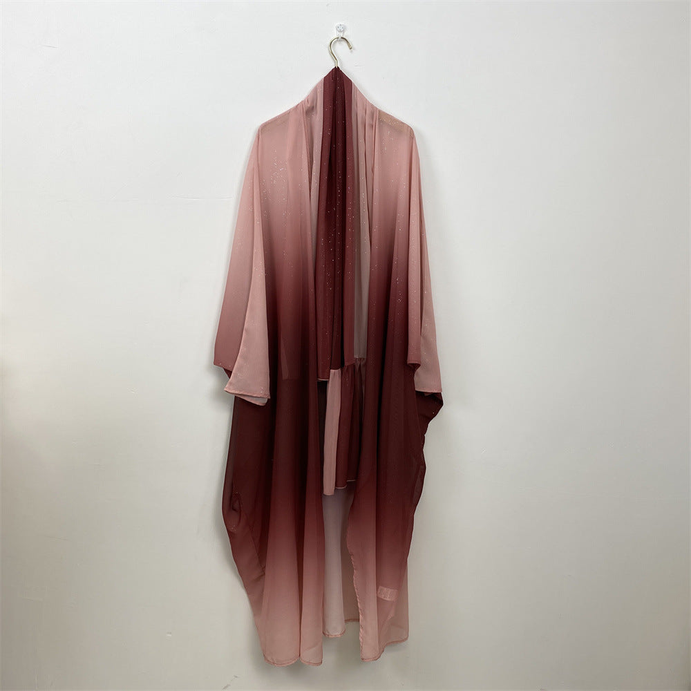 67501#2024 Kimono Abaya Dubai Gradient Color Islamic Clothing Women Muslim Dress with Hijab