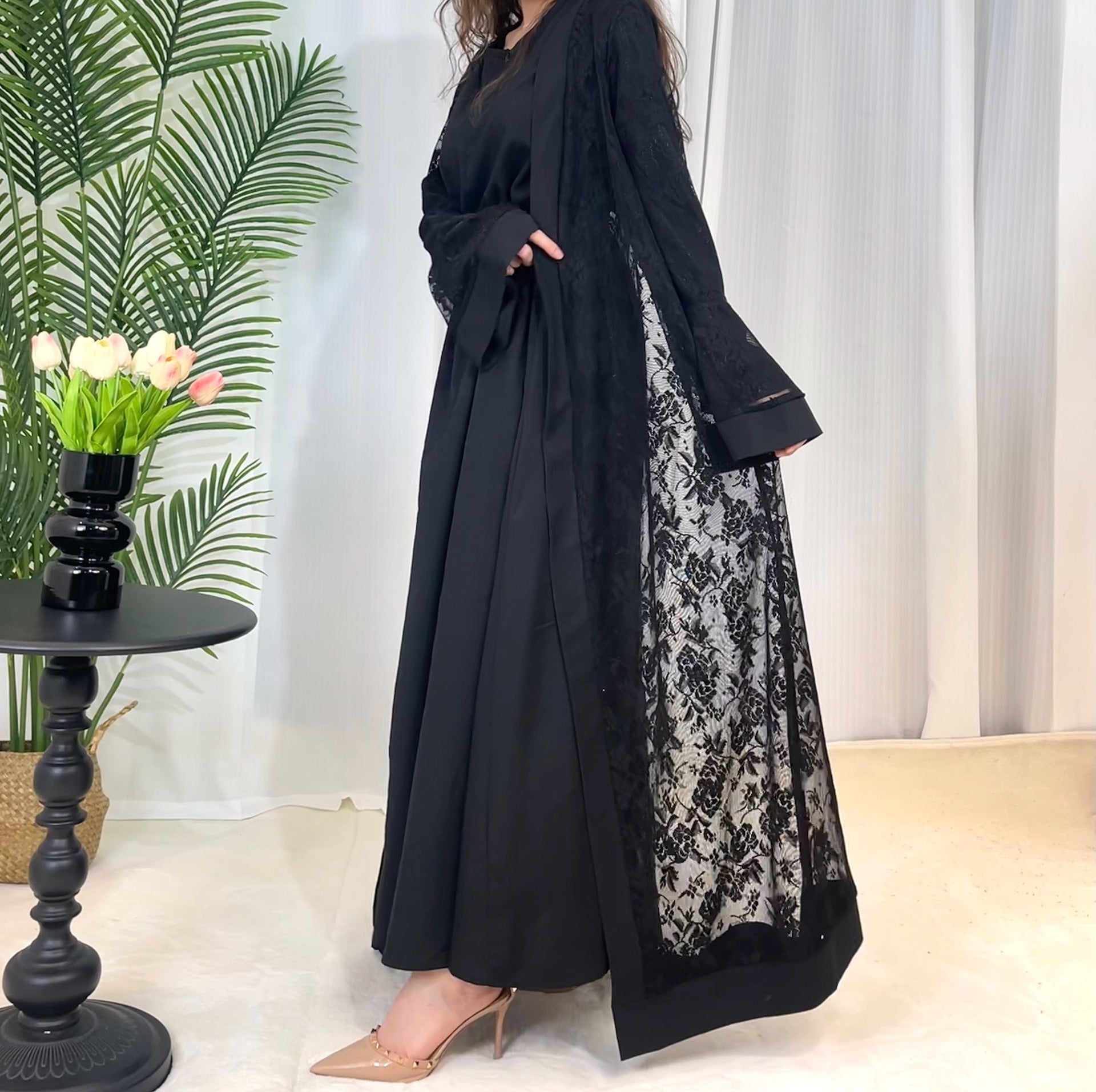 1001#Islamic Clothing 2PCS Abaya Set Inner Slip and Open Abaya Cardigan