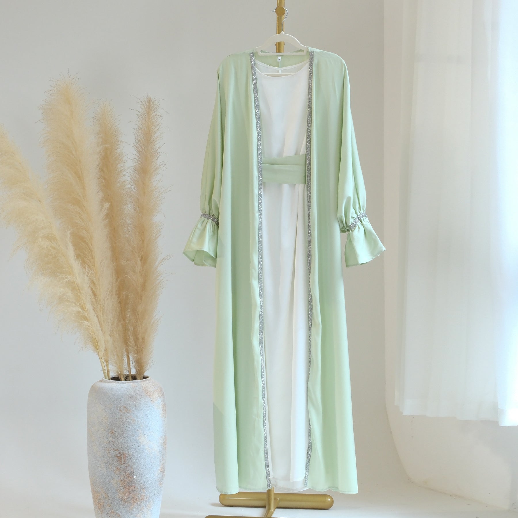 1633#New Design Modest Dubai Muslim Dress Satin Women Open Abaya 2pc set