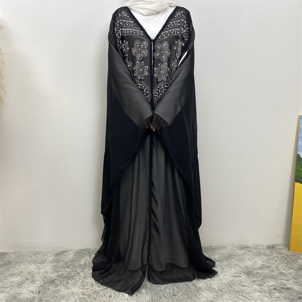 6742# Luxury Rhinestone Chiffon Abaya Hot Drilling Bead With Pearls Classy Cardigan