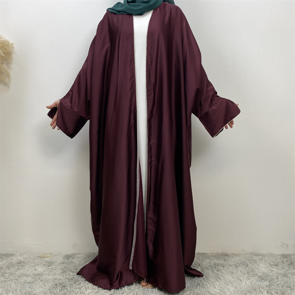 1427#New Arrival Muslim Women Silver Diamond Cardigan Islamic Clothing Light Shiny Satin Silk Abaya With Split Cuff