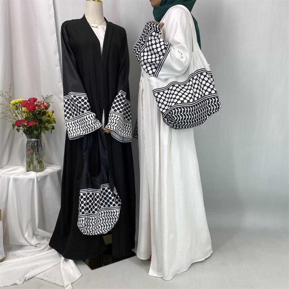 1452#Hot Seller Palestine-Inspired Printed Soft Linen Keffiyeh Open Abaya Wholesale With Crossbody Bag