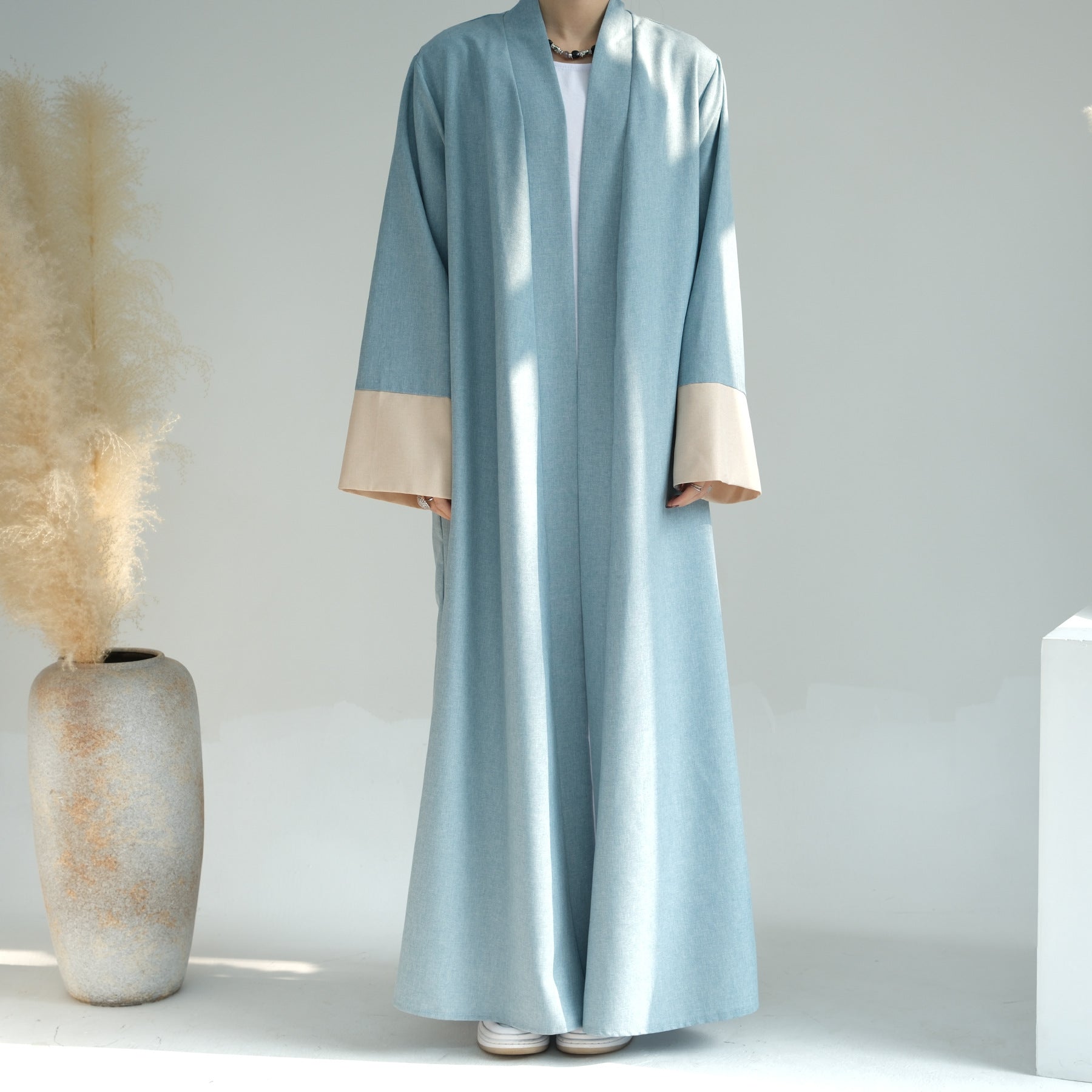 1744#2024 Latest Islamic Clothing Color-blocked Sleeves Linen Cardigan Open Abaya