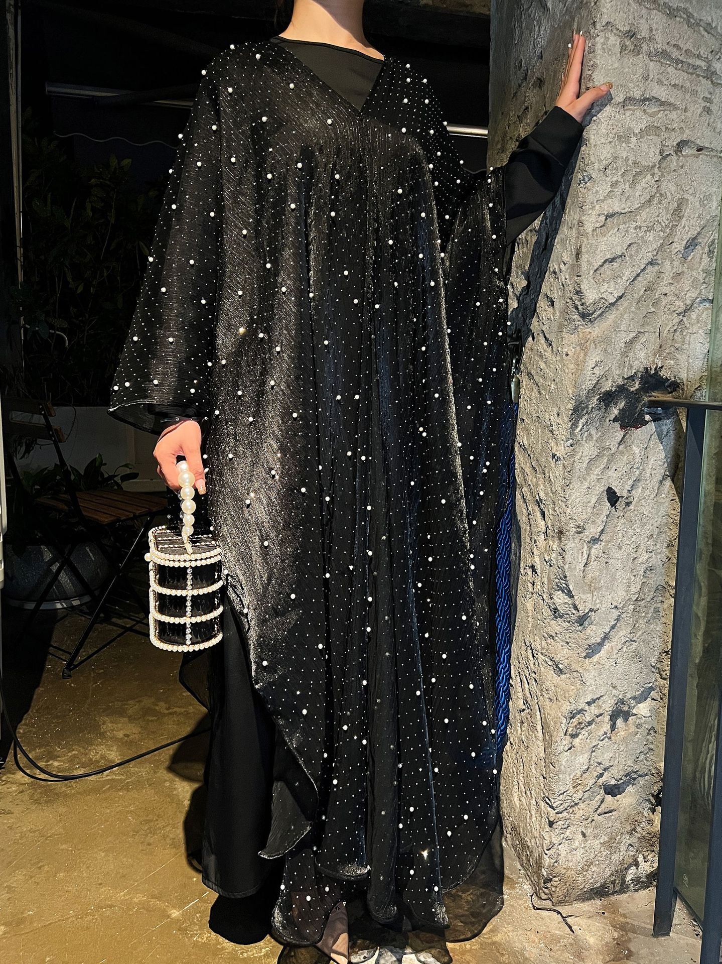 1021#2pcs Abaya Women Muslim Dress Set  Ramadan Islamic Clothing Kaftan with pearls