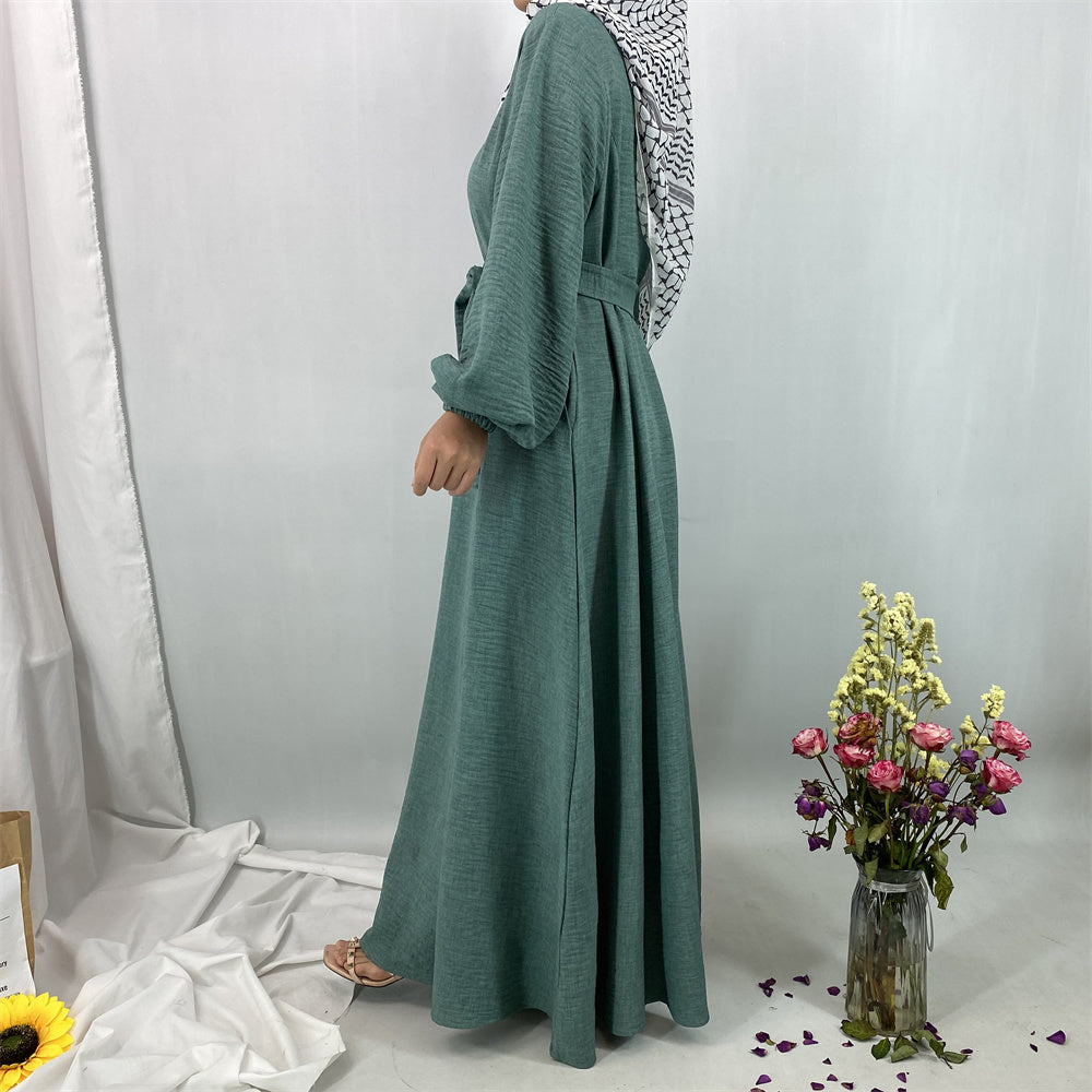 6840#New Linen Summer Abaya Dress Islamic Clothing for Dubai Turkish Muslim Women with Long Sleeve and Side Pockets