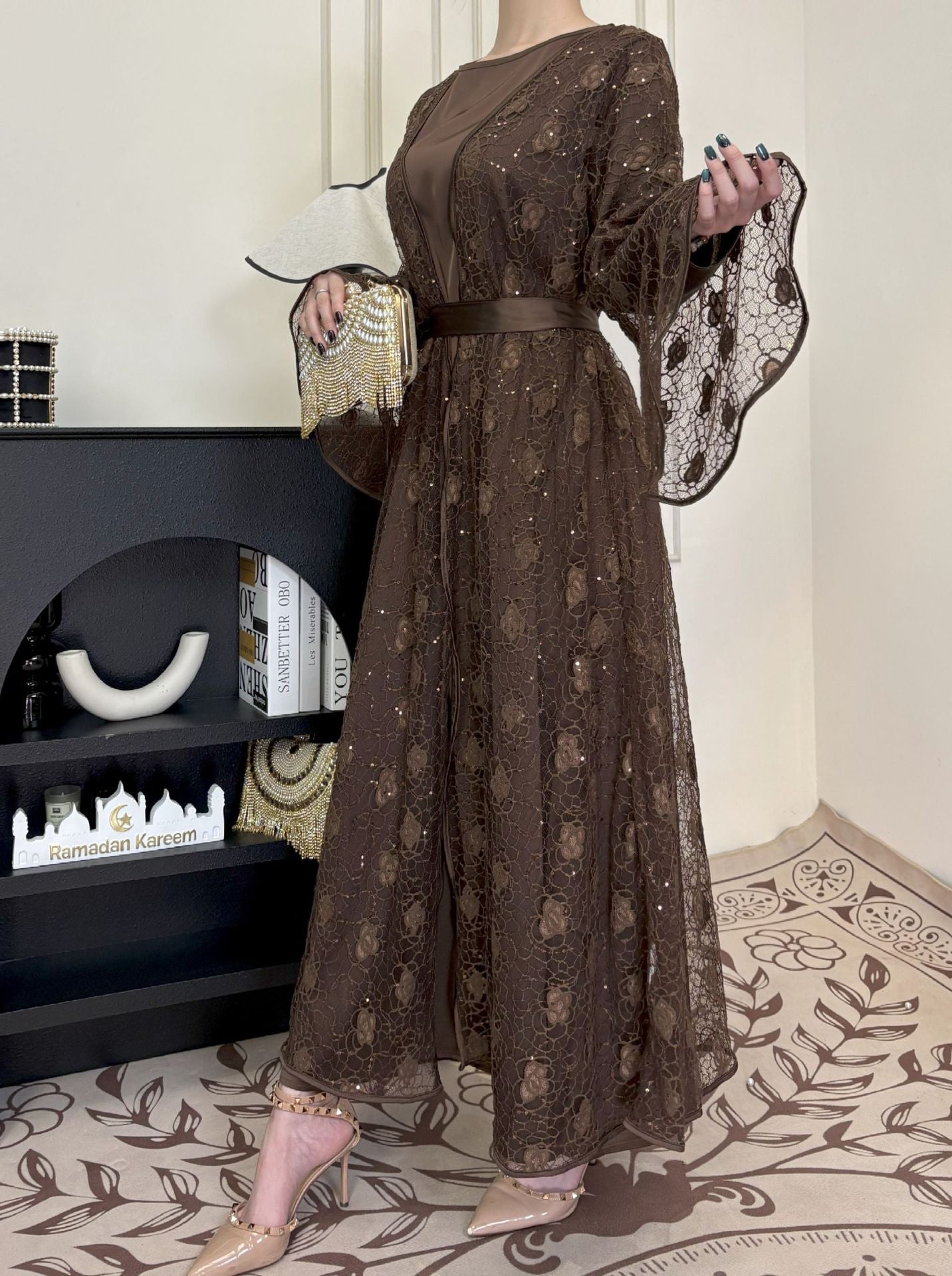 1031#2pcs Lace Abaya Women Muslim Dress Set  Islamic Clothing Kaftan