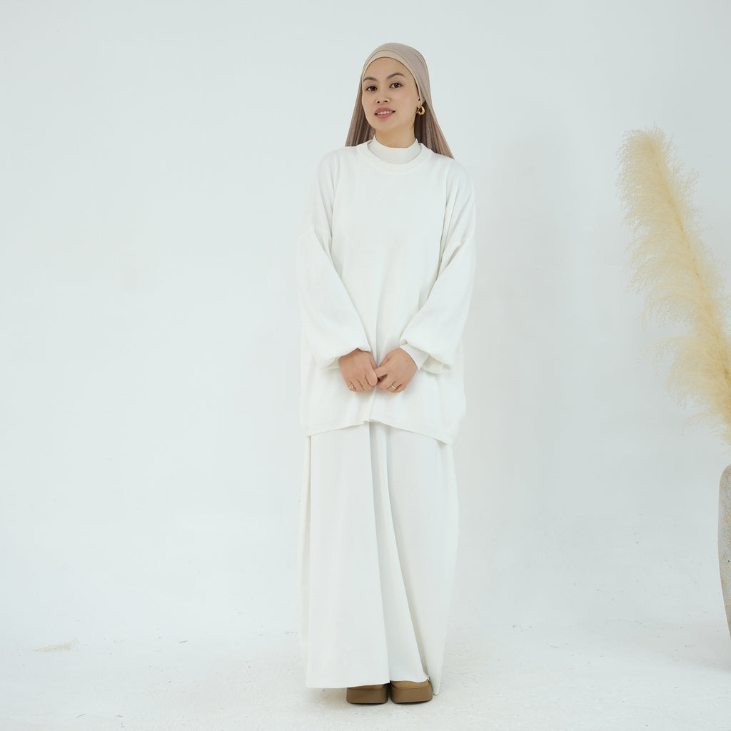 1928#Knit Fabric Solid Color Women's Dress Islamic Clothing Sweater Skirt Set 2pcs Winter Set Abaya