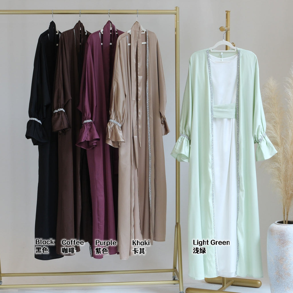 1633#New Design Modest Dubai Muslim Dress Satin Women Open Abaya 2pc set