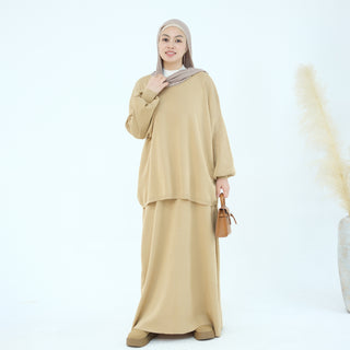 1928#Knit Fabric Solid Color Women's Dress Islamic Clothing Sweater Skirt Set 2pcs Winter Set Abaya