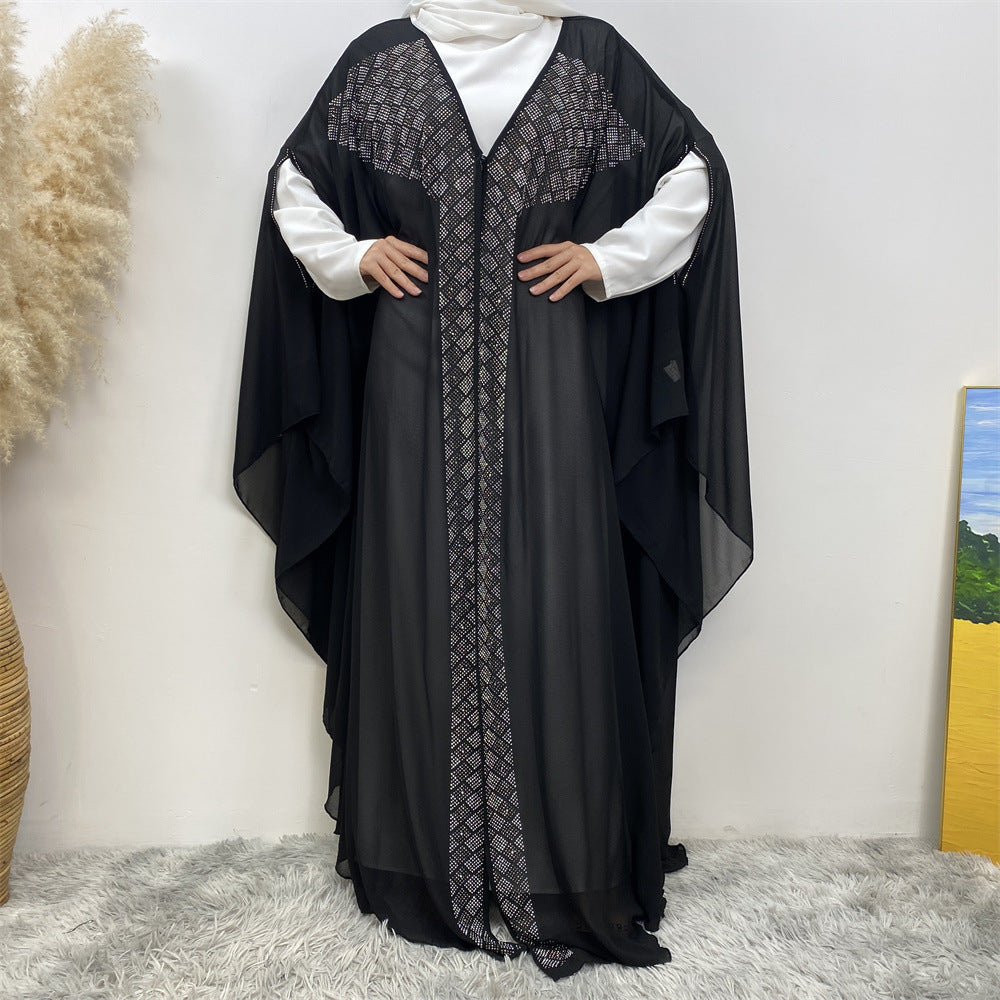 6739# Luxury Rhinestone Chiffon Abaya Hot Drilling Bead With Pearls Classy Cardigan