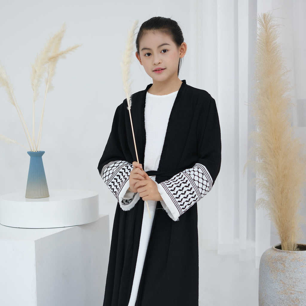 1782#Kids Abaya Keffiyeh Inspired Girls Embroidery Sleeves Women Maxi Dress Islamic Kaftan Trend Abaya