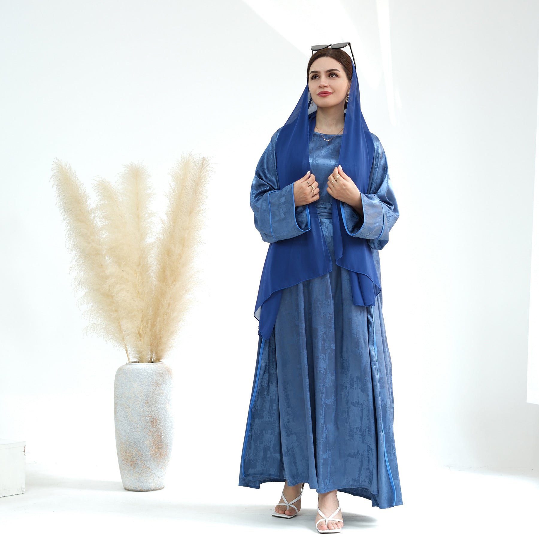 1655#Luxury Muslim Clothing Unique Satin Slip Dress and Open Abaya Set 2 Piece Modest Abaya