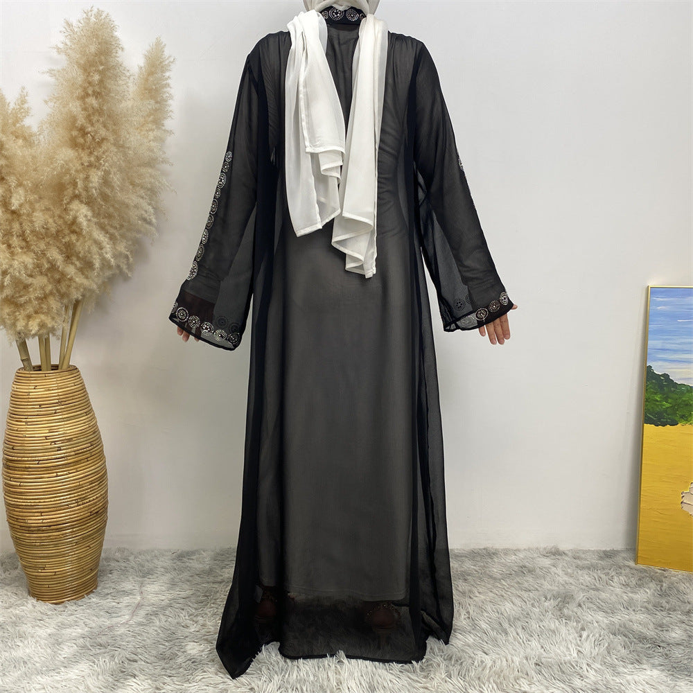6740# Luxury chiffon africa diamond abaya long robe kaftan muslim women rhinestone open abaya