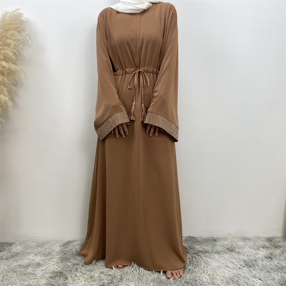 6758# Front zipper closed abaya dress loose cuff with rhinestone maxi dresses