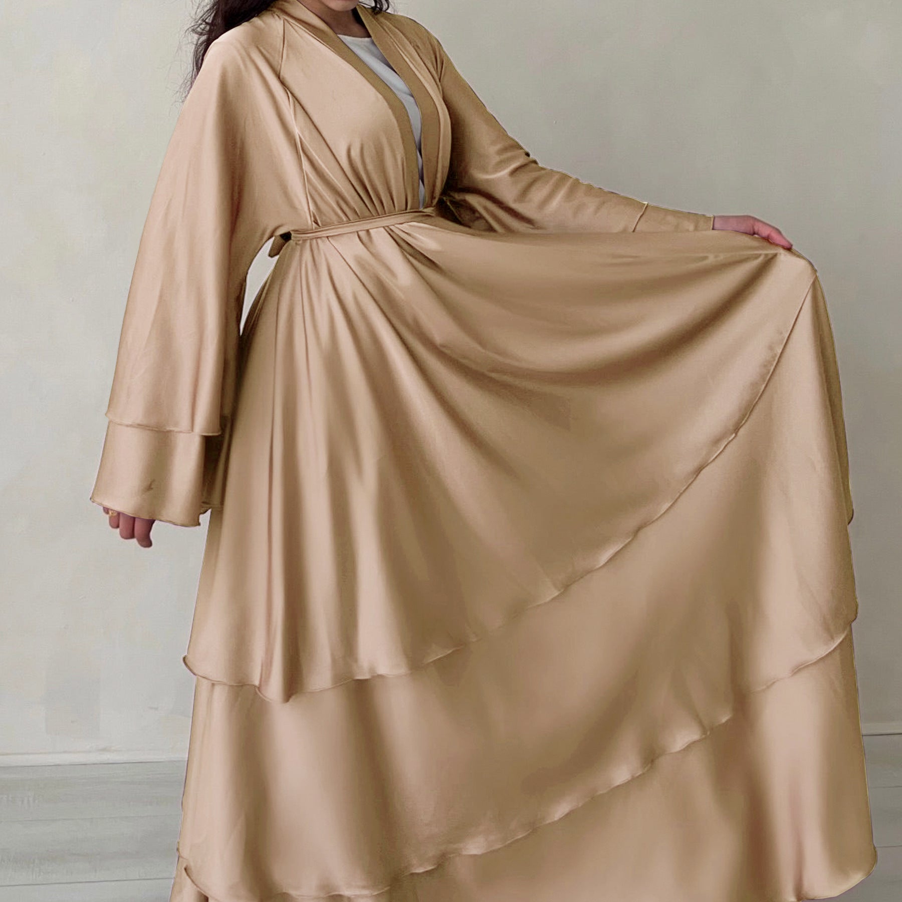1706#2024 High Quality Satin Silk Open Abaya EID Dubai 3 Layers Abaya Islamic Clothing