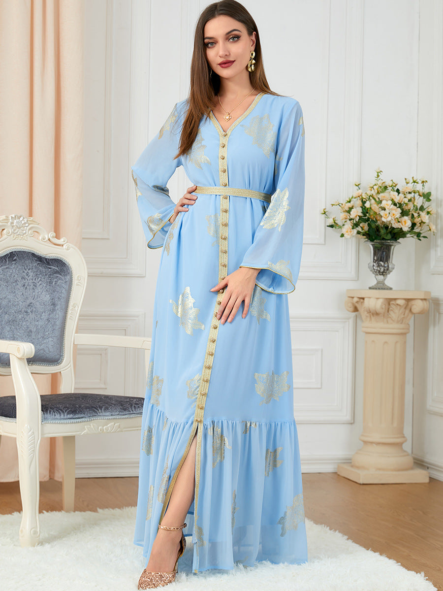 3203#3D Pompon Spot Gold Stamp Maxi Dress for Women