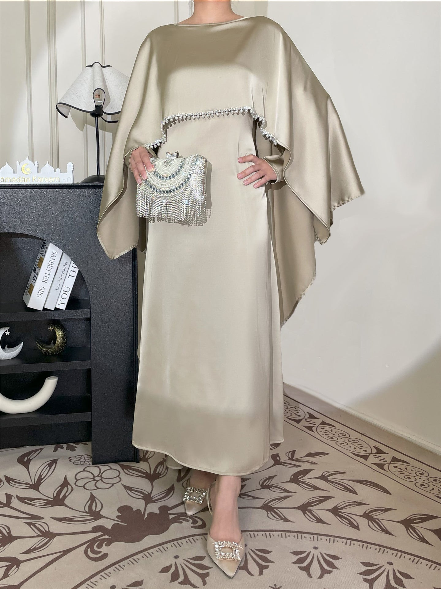1020#2pcs Abaya Women Muslim Dress Set  Ramadan Islamic Clothing Kaftan with pearls