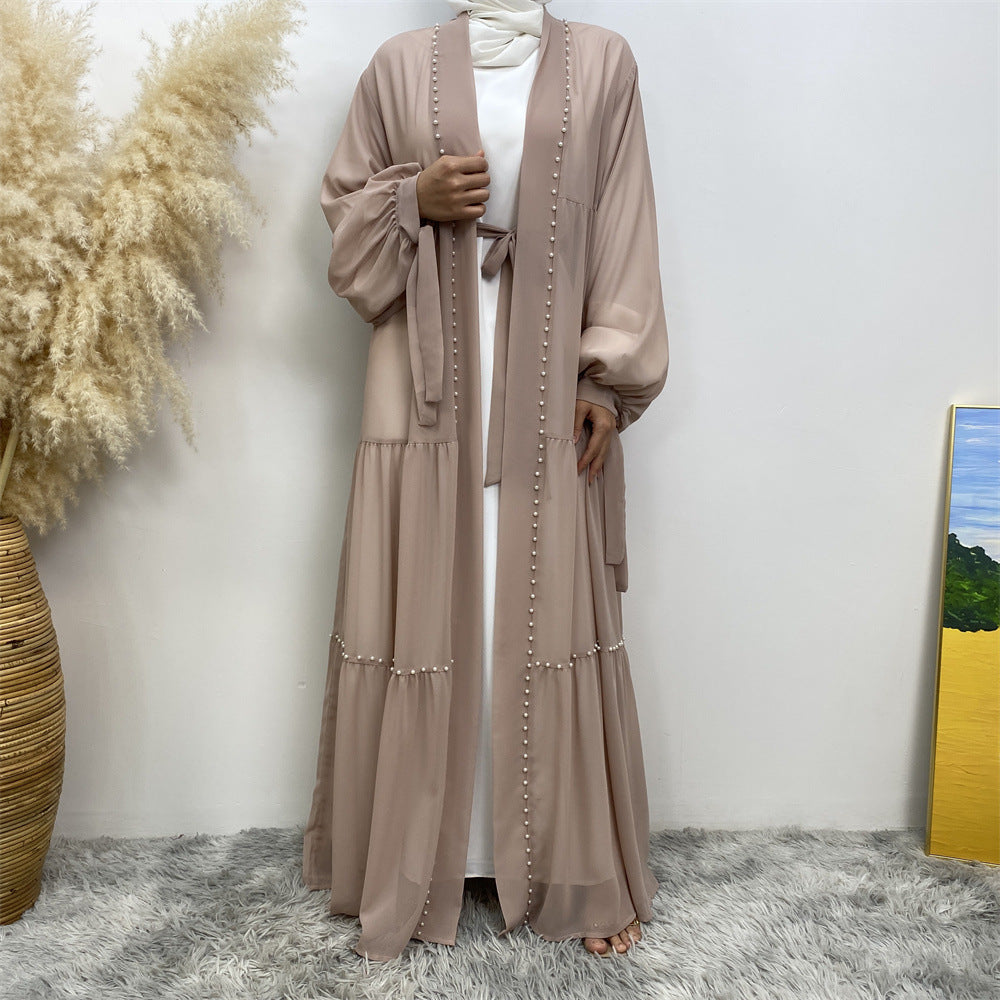 1964#Chiffon open abaya with white pearls tie belt long sleeves dubai abayas 5 colors 的副本