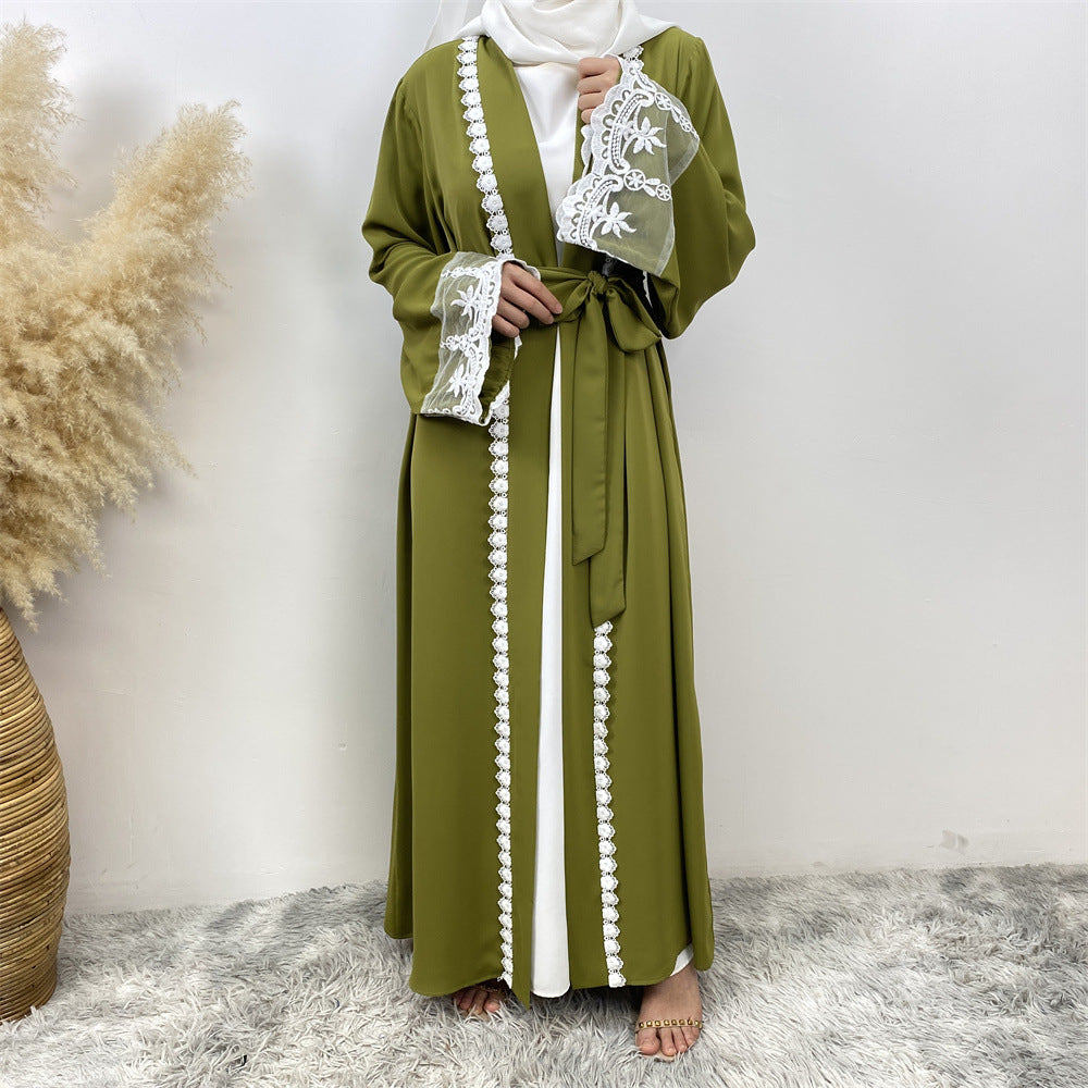 1405#Latest Eid Nida Material Flower Lace Border Classy Embroidery Women Open Abaya