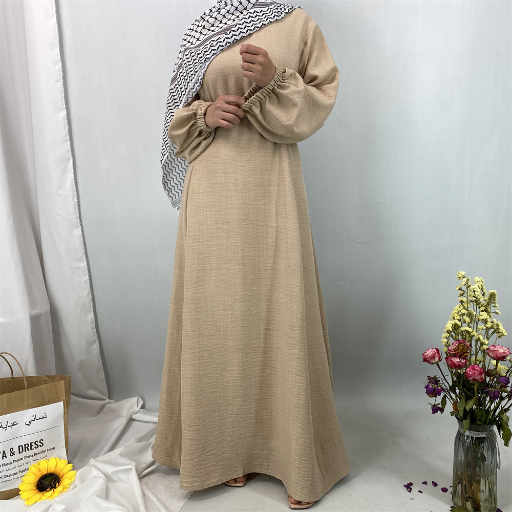 6840#New Linen Summer Abaya Dress Islamic Clothing for Dubai Turkish Muslim Women with Long Sleeve and Side Pockets