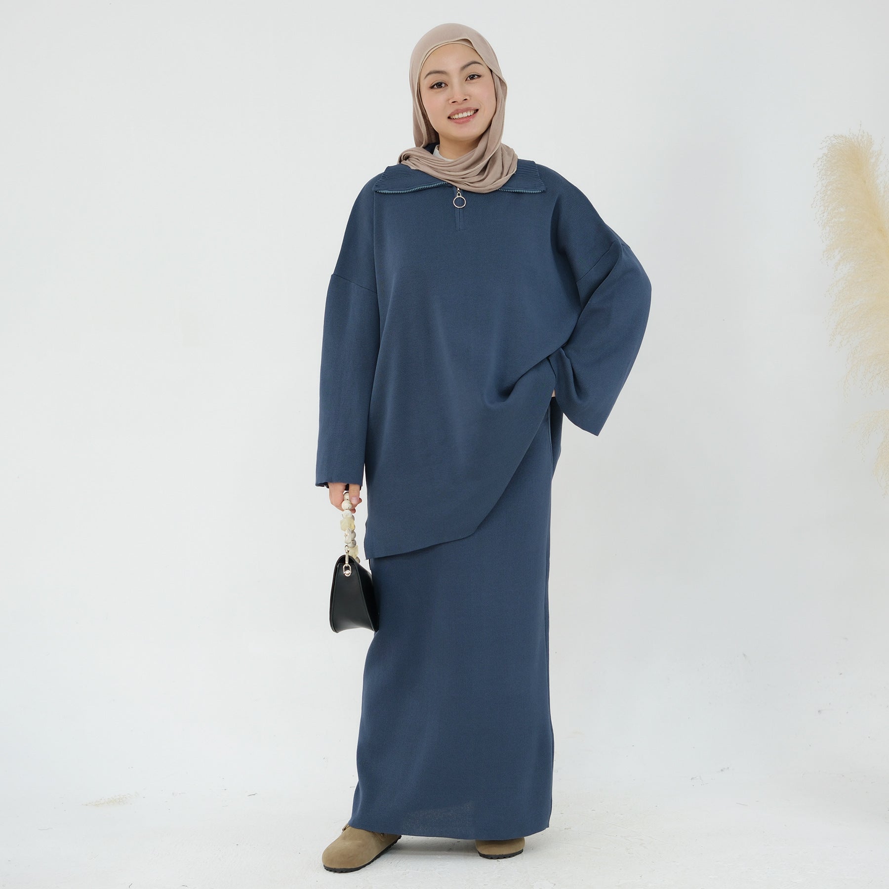 1929#Half Zipper Drop Shoulder Sweater Knit Muslim Women Two Pieces Set Oversized Tops Casual Fall Skirt Abaya Set