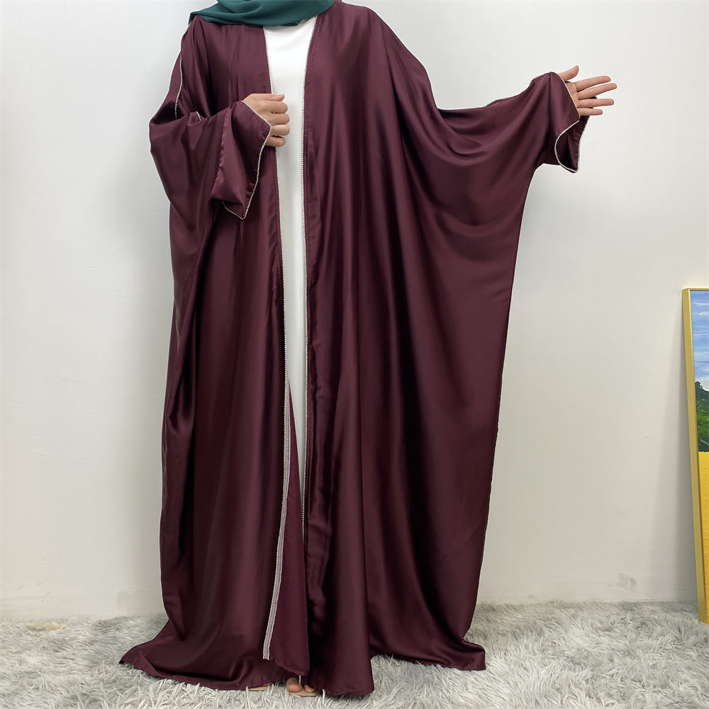 1427#New Arrival Muslim Women Silver Diamond Cardigan Islamic Clothing Light Shiny Satin Silk Abaya With Split Cuff