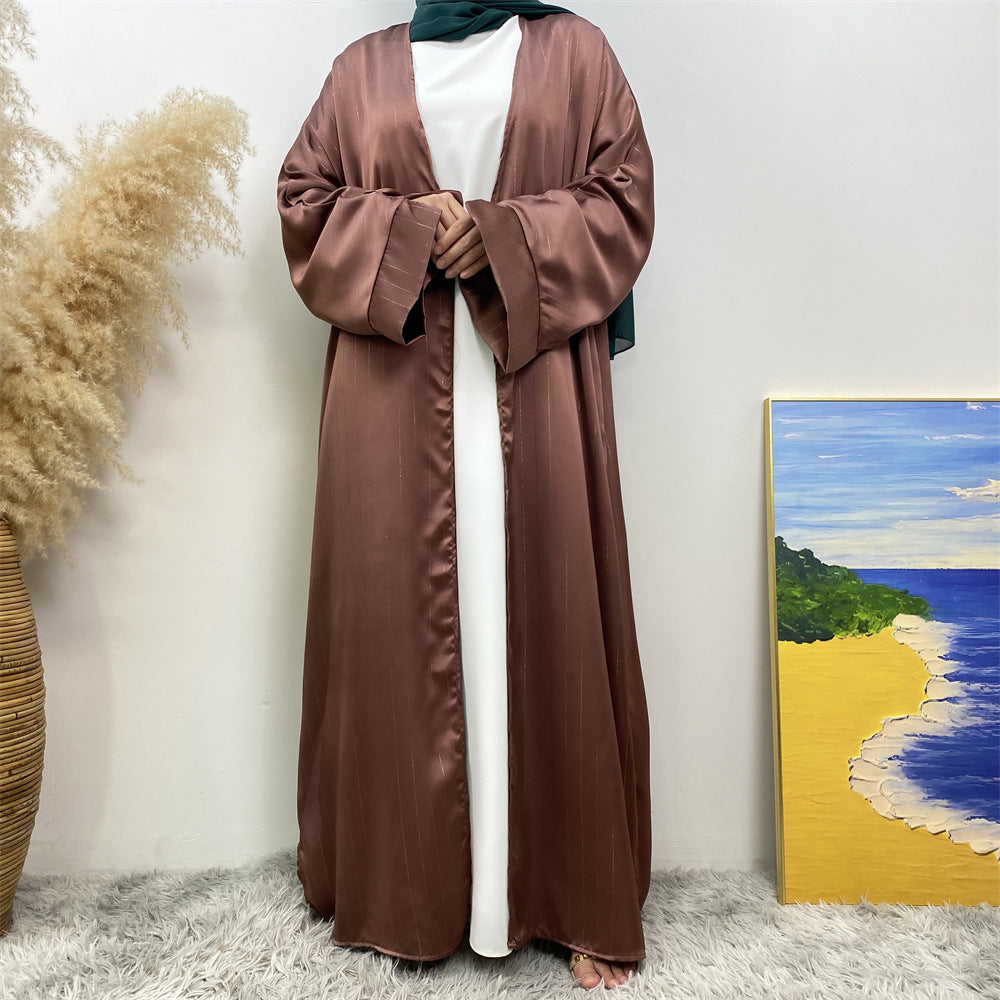 1439#Women Abaya Smooth Satin Kimono Slit Sleeve Popular Islamic Clothing Modest Silver Line Printed Abayas
