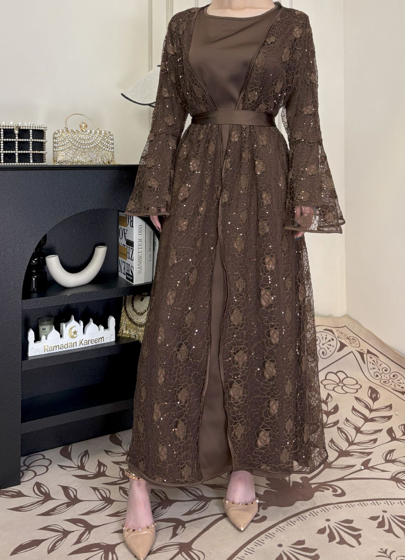 1031#2pcs Lace Abaya Women Muslim Dress Set  Islamic Clothing Kaftan
