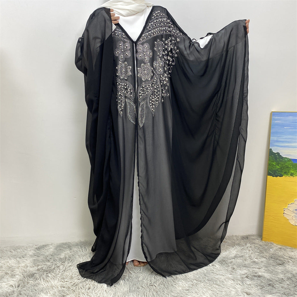 6742# Luxury Rhinestone Chiffon Abaya Hot Drilling Bead With Pearls Classy Cardigan