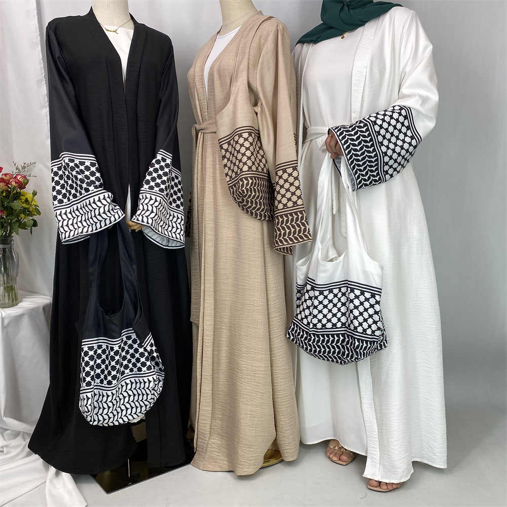 1452#Hot Seller Palestine-Inspired Printed Soft Linen Keffiyeh Open Abaya Wholesale With Crossbody Bag