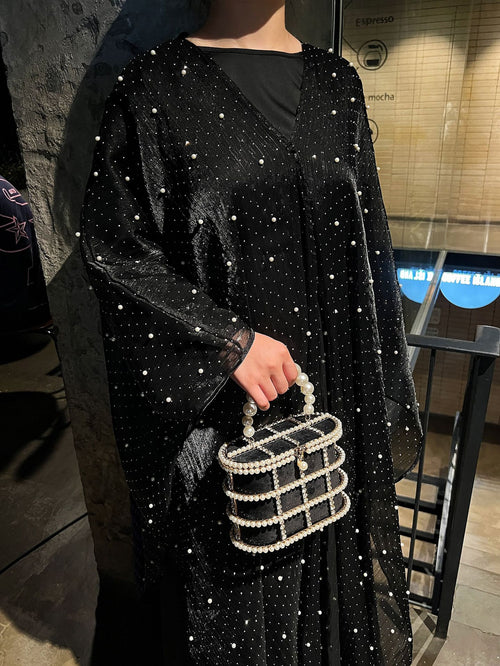 1021#2pcs Abaya Women Muslim Dress Set  Ramadan Islamic Clothing Kaftan with pearls