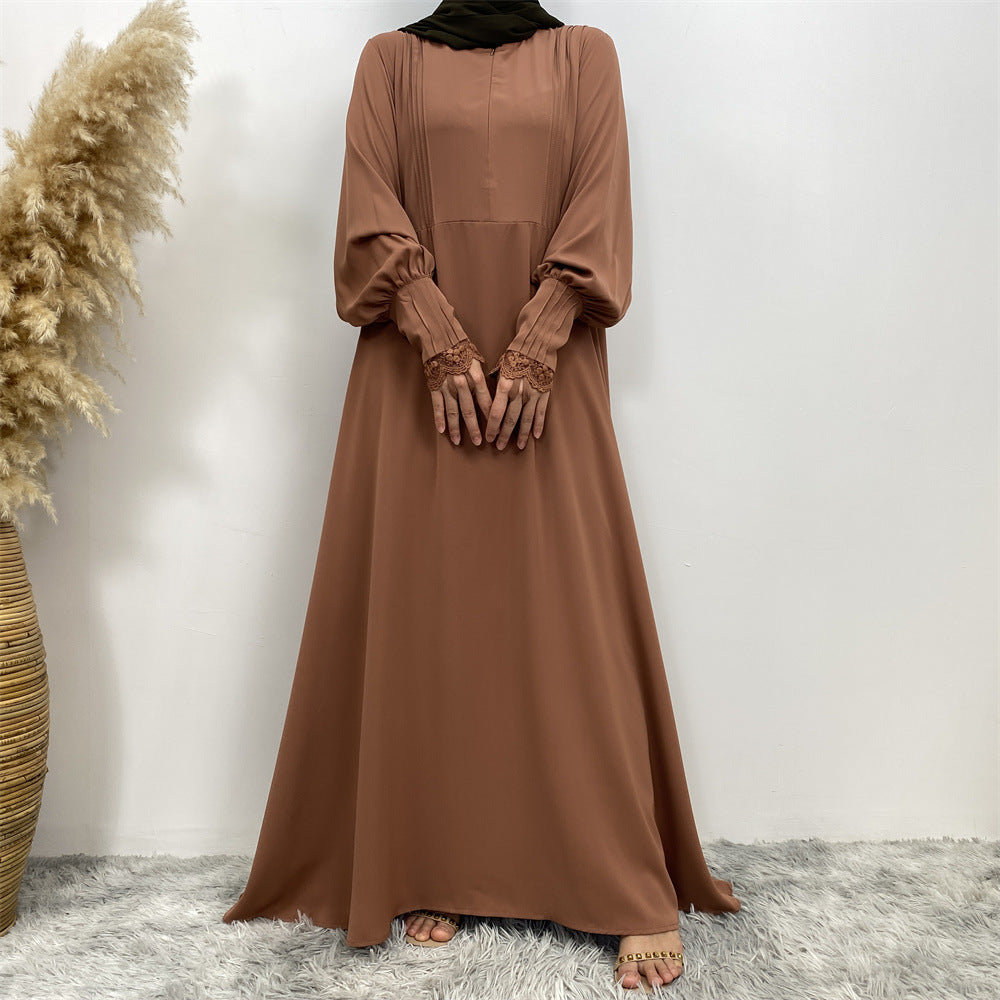 1693#Pleated Front Zipper Crew Neck Dress 9 Colors Muslim Dress