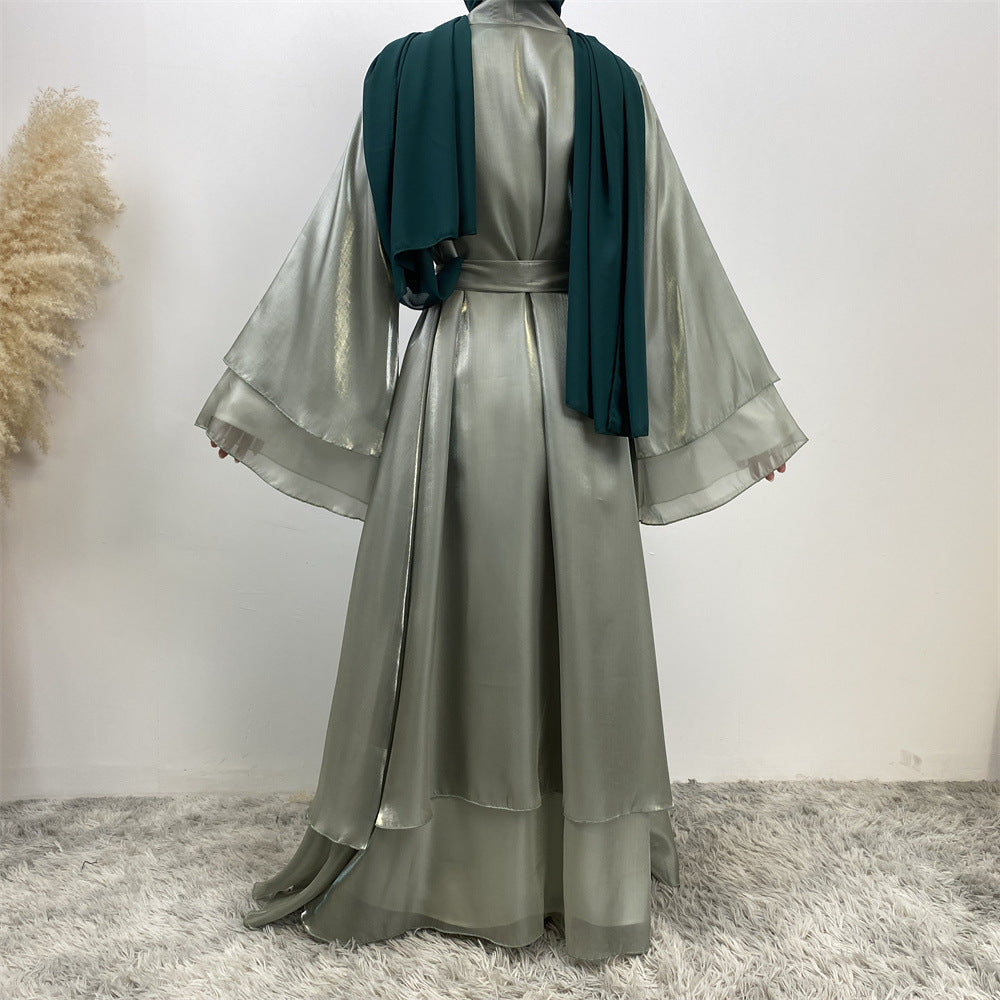 1432#Flowy Shiny Silk Material New Design Two Layers Loose Sleeves Classy Fashion Popular Ladies Islamic Open Abaya