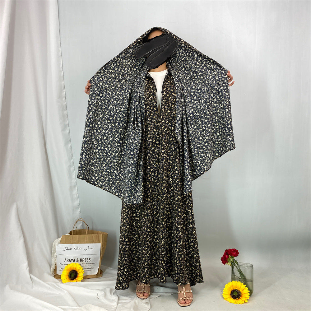 6847#Floral Printed One Piece Tradition Prayer Abaya Robe with Attached Hijab