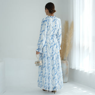 1751#High Quality Chiffon Printed Modest Casual Dresses With Belt Women Abaya Muslim Dress