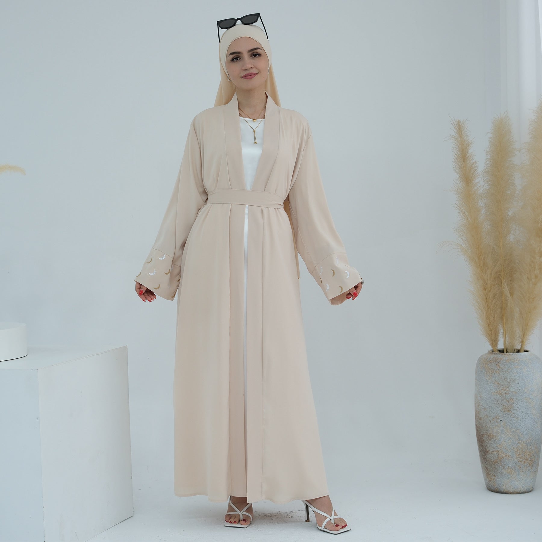 1785#New Arrival Cardigan Muslim Women's Dresses Moon Embroidery EID Linen Abaya