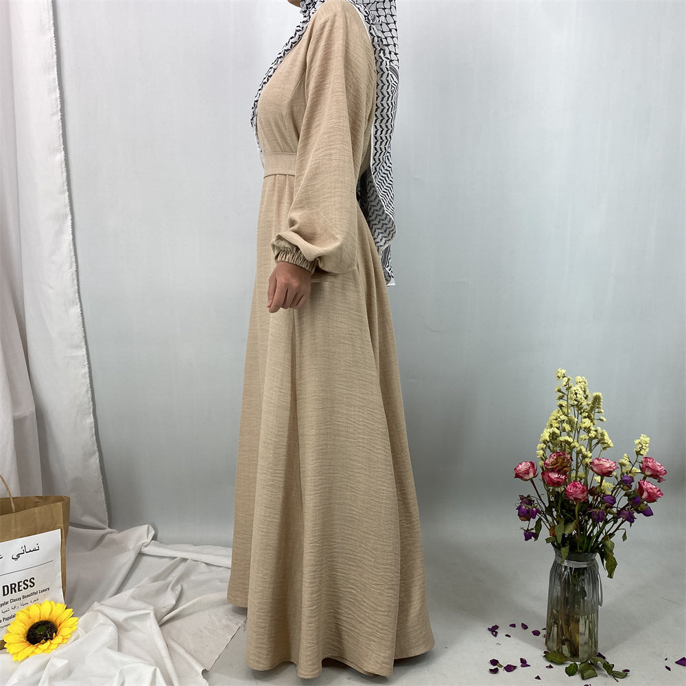 6840#New Linen Summer Abaya Dress Islamic Clothing for Dubai Turkish Muslim Women with Long Sleeve and Side Pockets