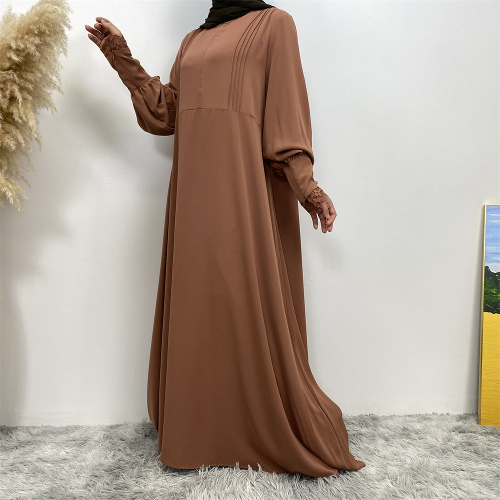 1693#Pleated Front Zipper Crew Neck Dress 9 Colors Muslim Dress