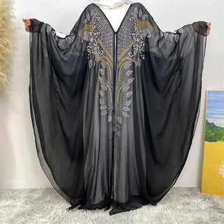 6743#Luxury New Rhinestone Chiffon Abaya Bead With Pearls Batwing Sleeves Classy Cardigan