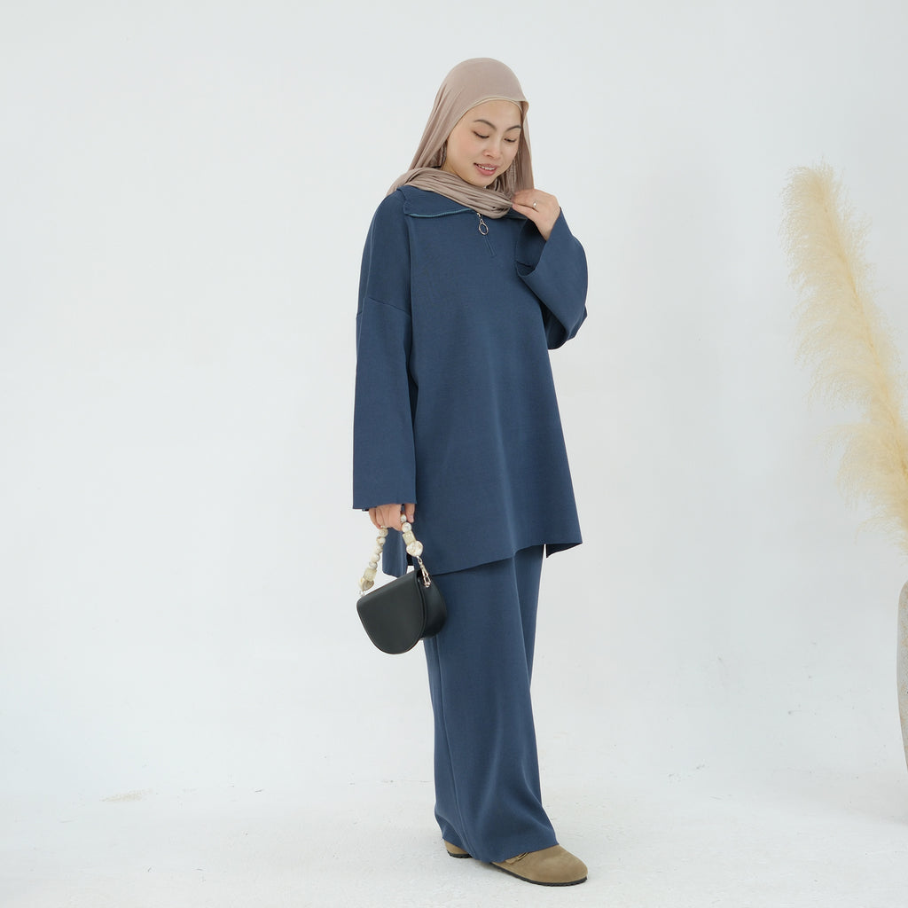 1929#Half Zipper Drop Shoulder Sweater Knit Muslim Women Two Pieces Set Oversized Tops Casual Fall Skirt Abaya Set