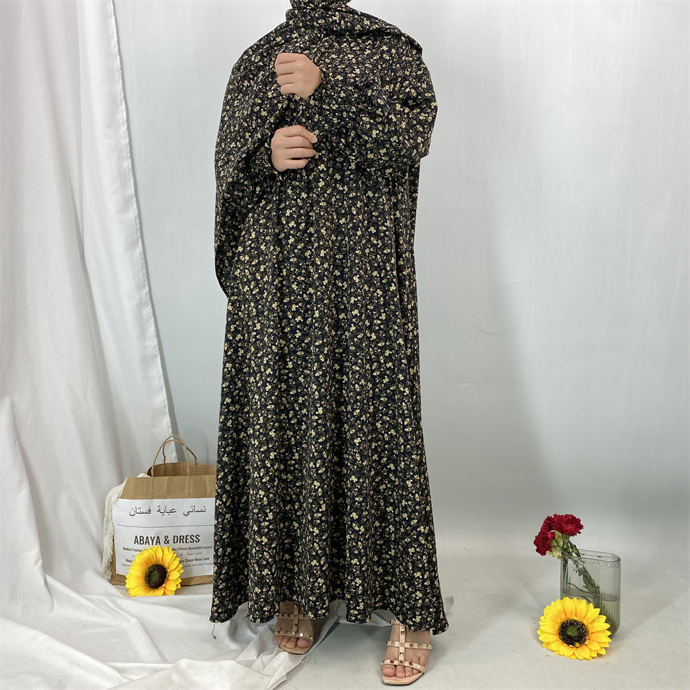 6847#Floral Printed One Piece Tradition Prayer Abaya Robe with Attached Hijab