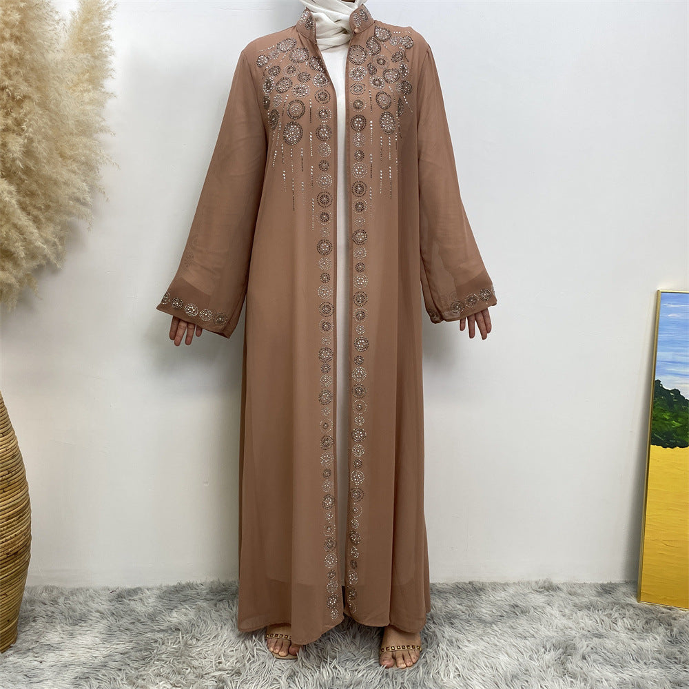 6740# Luxury chiffon africa diamond abaya long robe kaftan muslim women rhinestone open abaya