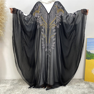 6743#Luxury New Rhinestone Chiffon Abaya Bead With Pearls Batwing Sleeves Classy Cardigan 的副本