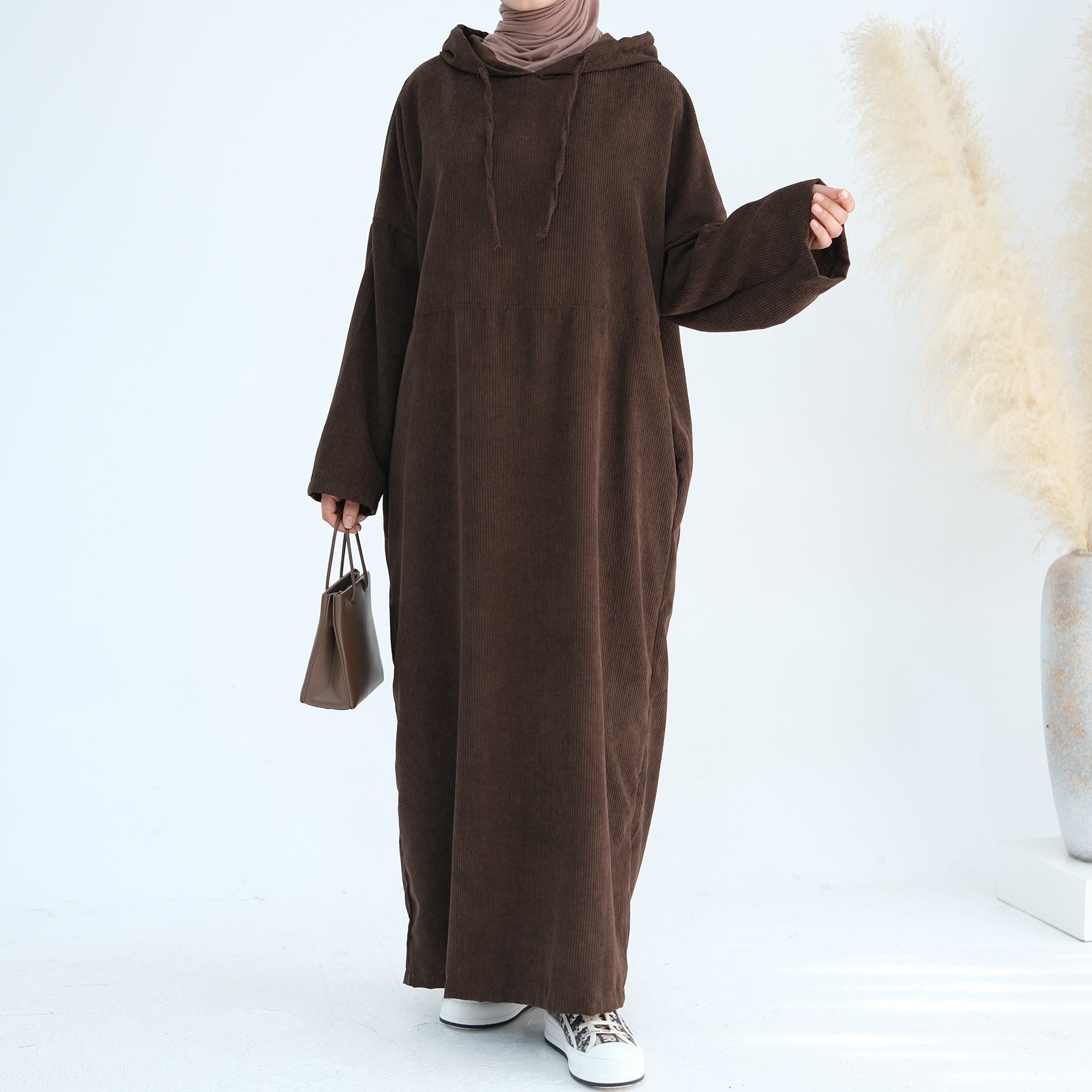 1890#Casual Cordury Hoodie Abaya Loose  Muslim Women Dress with Pockets Daily Wear Winter Abaya
