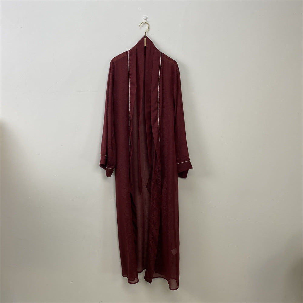 1425#New Material Transparent Silk Polyester Luxury Diamond Border With Pockets Women Open Abaya